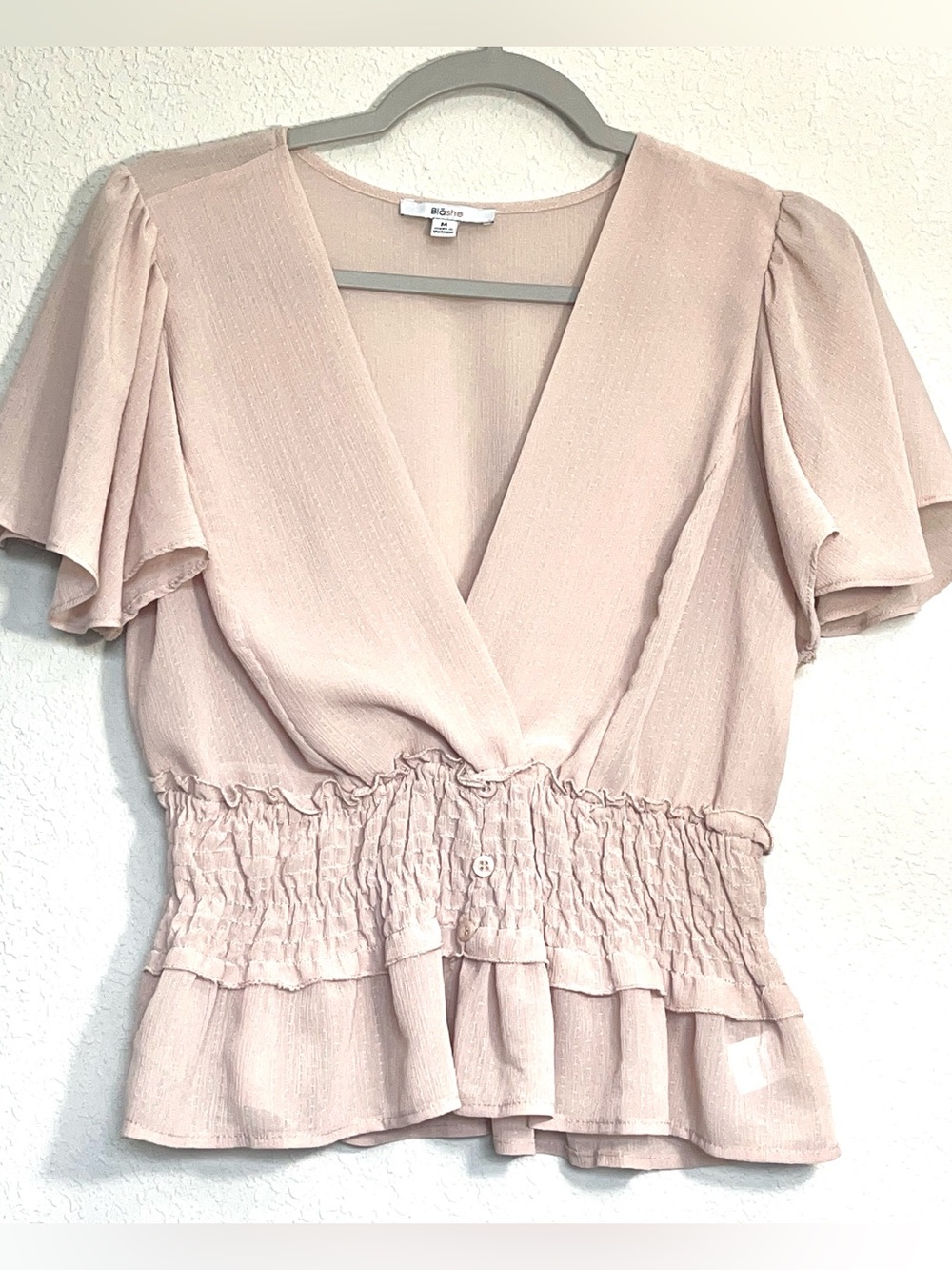 Blashe Pink Smocked Wrap Blouse Womens Medium Coquette Cottagecore Peplum